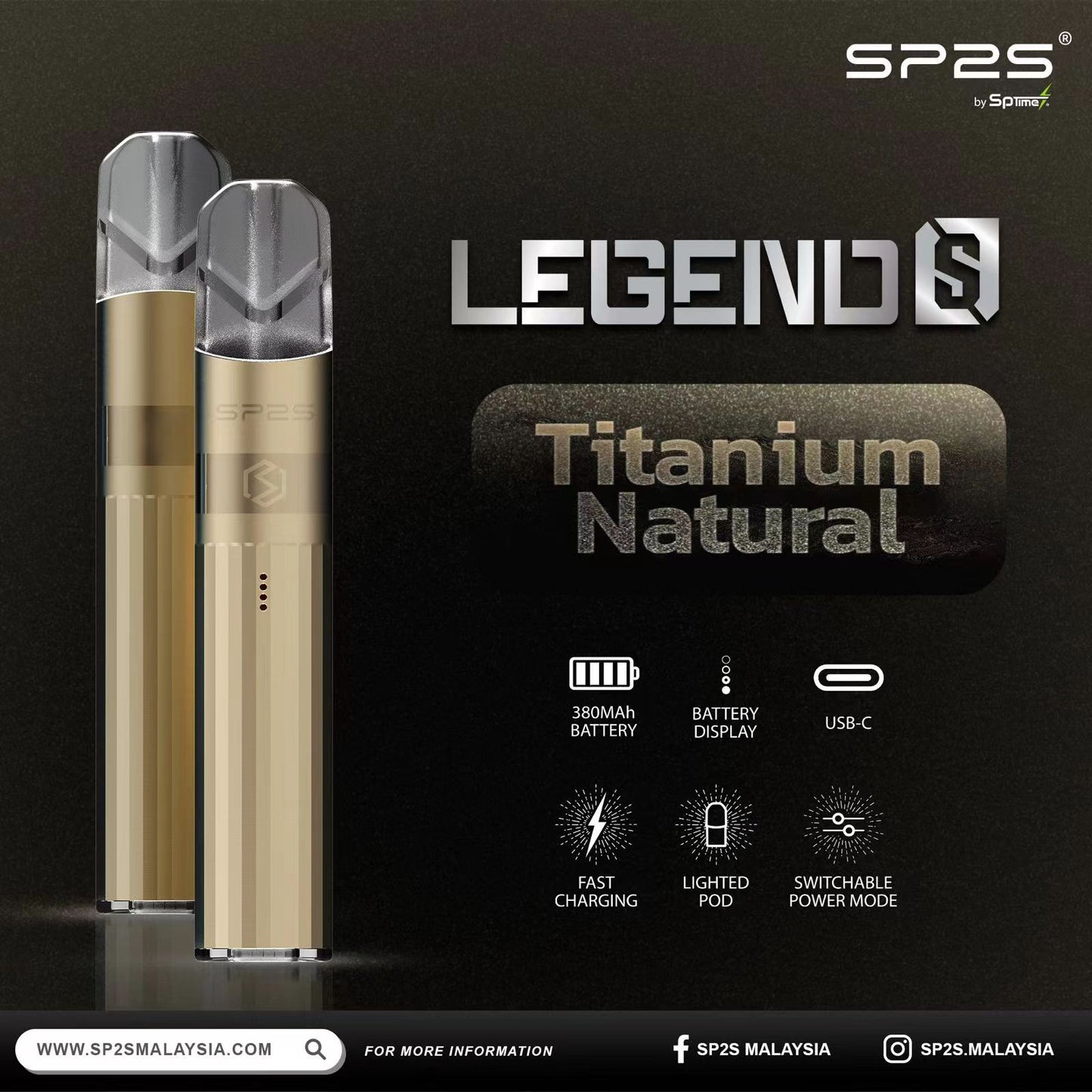 【SP2S Legend S 傳奇版主機】  SP2鈦發光主機全新升級版煙桿-兩檔調節8/9W-底部發光💥 通配一代lana/Sp2s/ilia等一代煙彈-VAKA糖果雲煙館